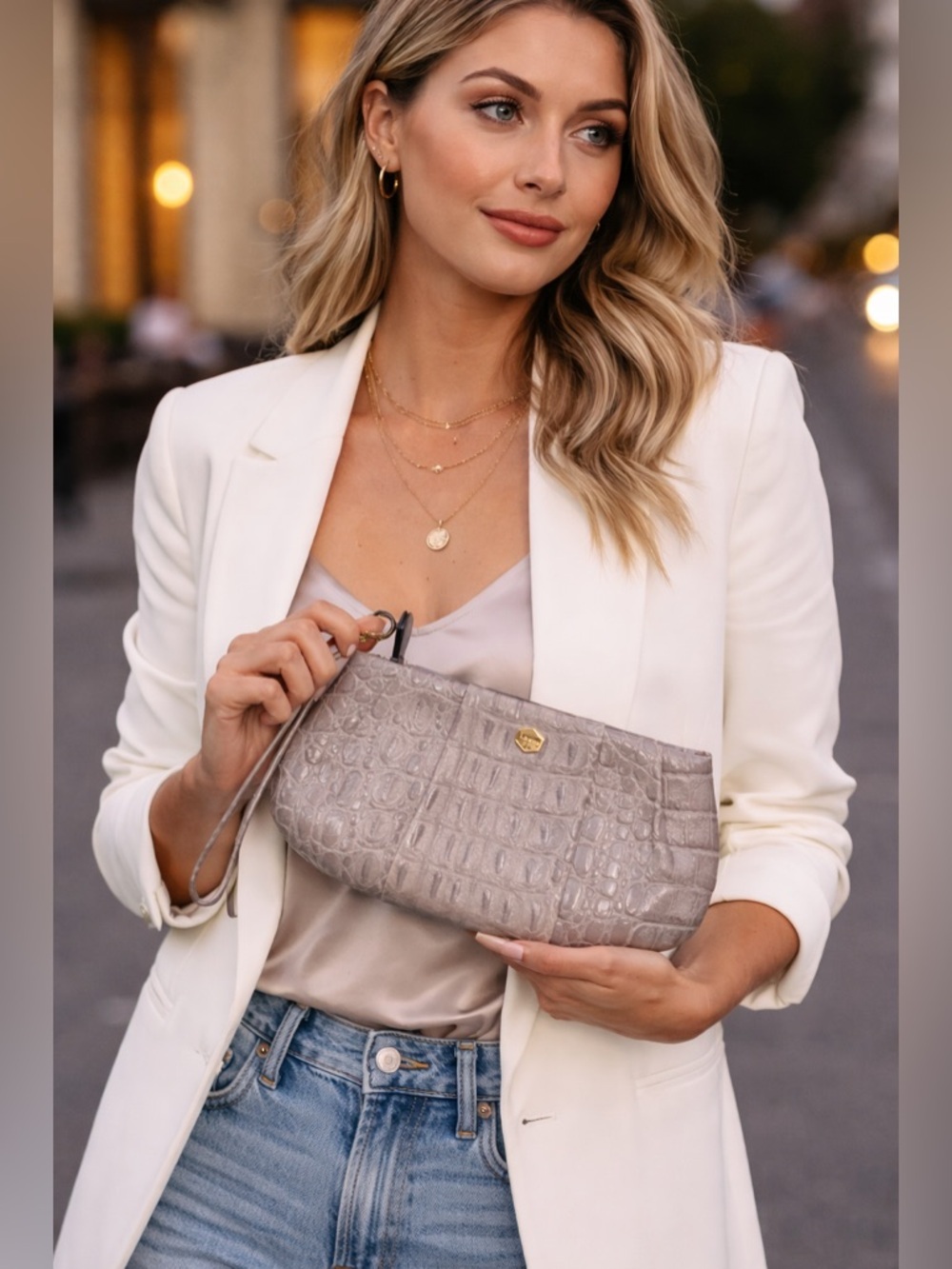 Event Ready! Lodis wristlet clutch metallic croc embossed zip pouch neutral